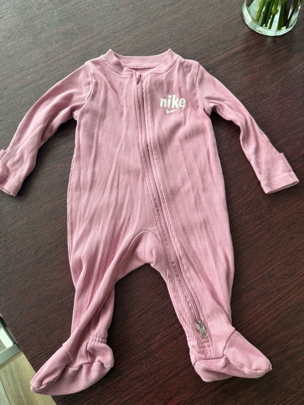 Nike Girls Pink Ribbed Footed One-Piece Zipper Romper